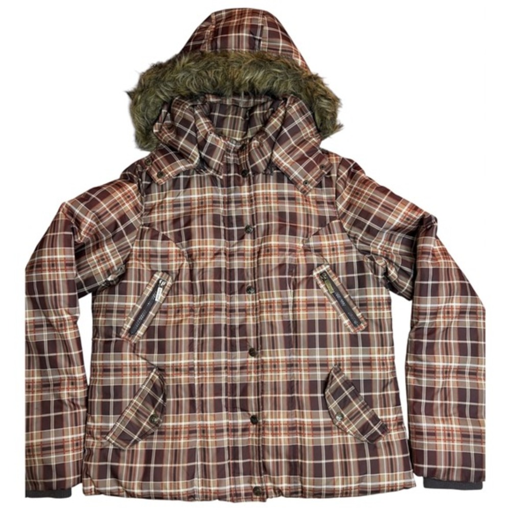 Y2K Plaid Puffer Jacket Faux Fur Hood Boxy‎ Fit Women's Large Honee